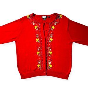 DKNY Vintage Cotton Floral Embellished Cardigan Sweater in Red, Size M